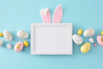 Easter concept. Flat lay photo of white photo frame with easter bunny ears colorful eggs on isolated pastel blue background with blank space