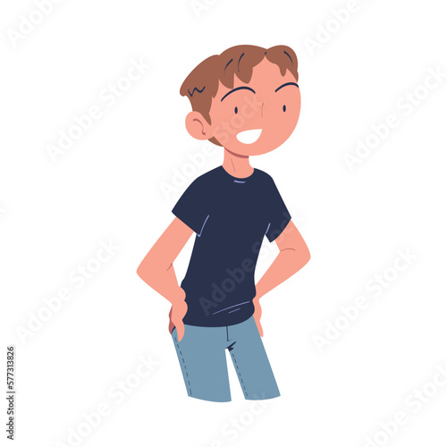 Confident Man Character with Satisfied Face and Hands on Hips Expressing Self Pride Vector Illustration