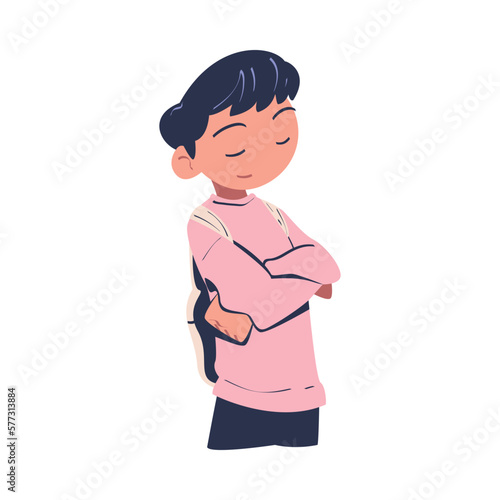 Confident Man Character with Satisfied Face and Folded Arms Expressing Self Pride Vector Illustration
