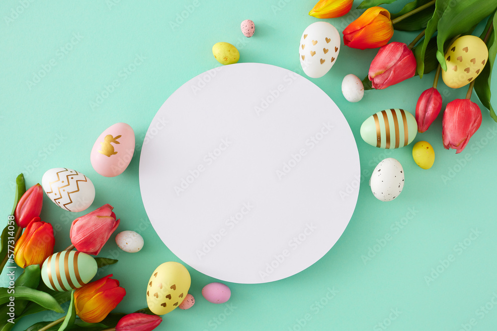 Easter decoration concept. Flat lay photo of white circle red tulips flowers and colorful eggs on isolated turquoise background with blank space. Holiday card idea - obrazy, fototapety, plakaty 
