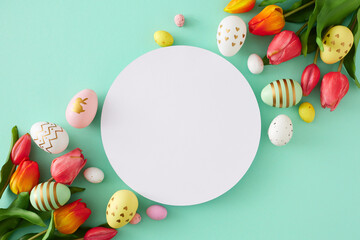 Easter decoration concept. Flat lay photo of white circle red tulips flowers and colorful eggs on isolated turquoise background with blank space. Holiday card idea