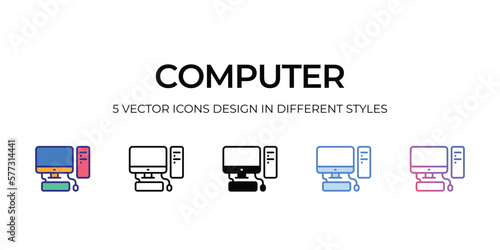 computer Icon Design in Five style with Editable Stroke. Line, Solid, Flat Line, Duo Tone Color, and Color Gradient Line. Suitable for Web Page, Mobile App, UI, UX and GUI design.