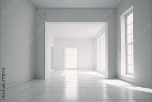 Large empty hall  hallway  corridor  gallery  room with solid white walls  floor and ceiling. Generative AI illustration.