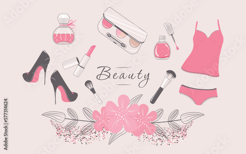 A set of beauty elements. The concept of beauty, tenderness and femininity.