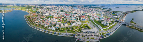 Beautiful panoramic summer picture of Kazan kremlin on the sunset  Tatarstan  Russia. Capital of the Republic of Tatarstan. Buildings and landmark line with sunny weather. Panorama of the sights.