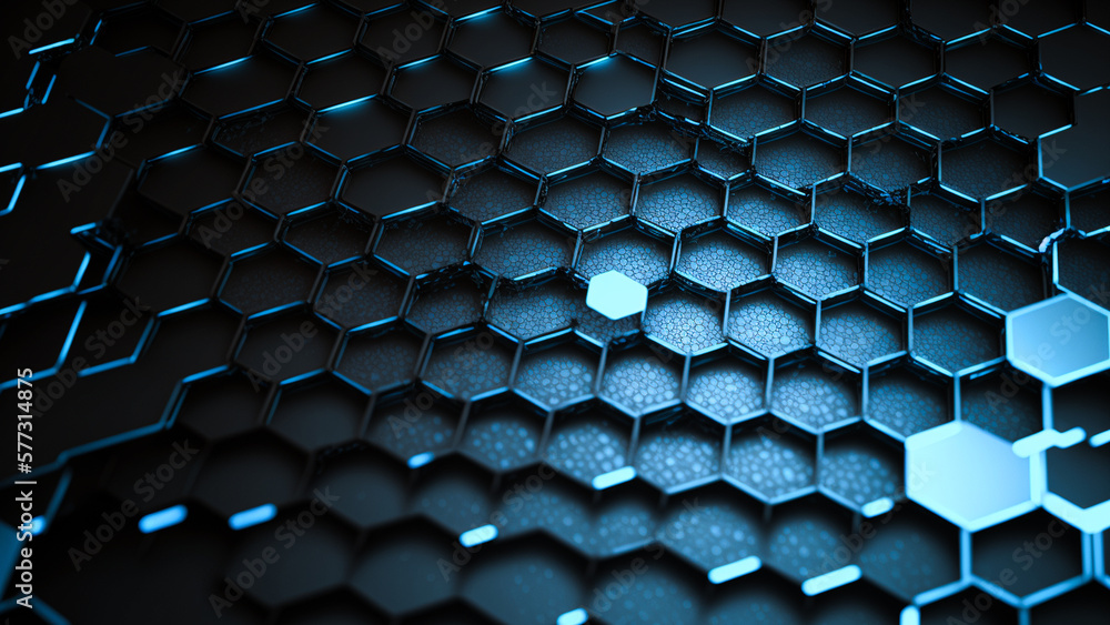 Fototapeta premium 3D Render, Shiny Blue Abstract Hexagon Background With Marble Pattern.