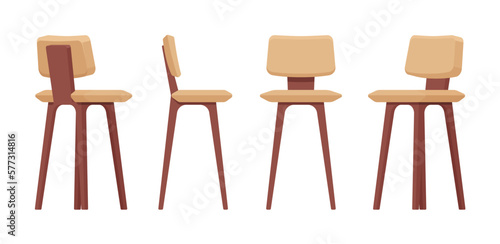 Bar stool, tall chair furniture pale brown set, wood barstool. Cafe, restaurant comfort seat, living room, kitchen interior. Vector flat style cartoon home, office articles isolated, white background