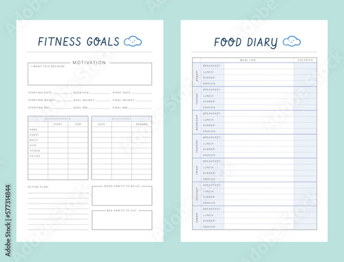 (Cloud) Fitness Planner and Food Diary Planner. Plan you food day easily. Vector illustration.