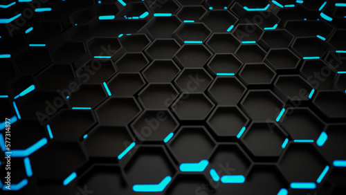 3D Render, Black Abstract Hexagonal Background With Cyan Neon Lights. © Abdul Qaiyoom