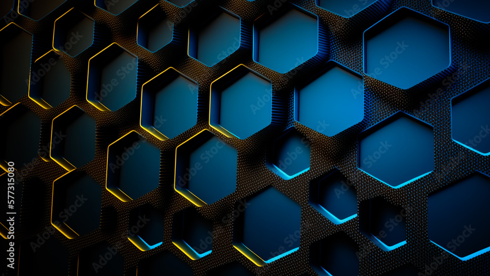 Golden Light Effect On Blue Abstract Hexagon Pattern Background. 3D Render. Golden Light Effect On Blue Abstract Hexagon Pattern Background. 3D Render.