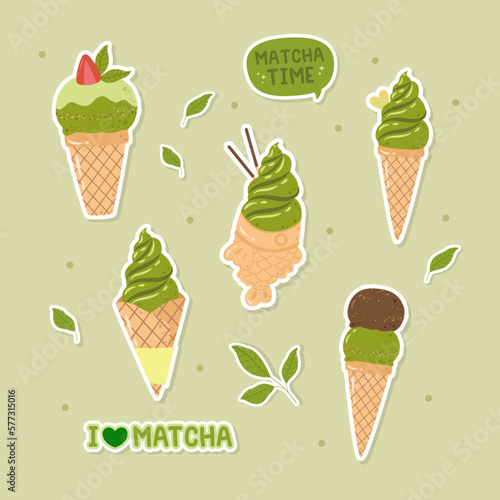 Hand drawn cute matcha green tea ice cream themed sticker set collection vector design