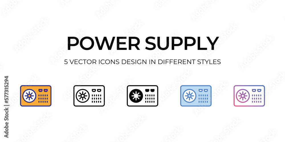 power supply Icon Design in Five style with Editable Stroke. Line, Solid, Flat Line, Duo Tone Color, and Color Gradient Line. Suitable for Web Page, Mobile App, UI, UX and GUI design. power supply Icon Design in Five style with Editable Stroke. Line, Solid, Flat Line, Duo Tone Color, and Color Gradient Line. Suitable for Web Page, Mobile App, UI, UX and GUI design.