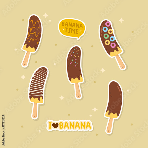 Hand drawn cute chocolate banana pops sticker set collection vector design