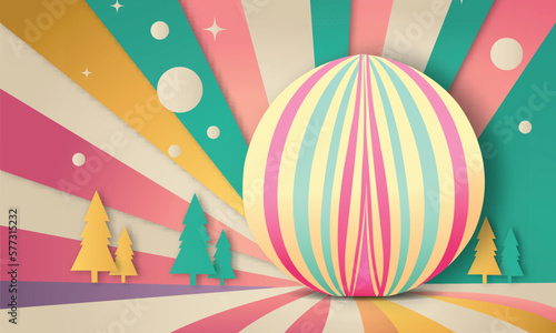 Retro Colorful Paper Rays Background With Trees, Large Egg Shape.