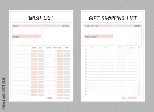Wish List and gift shopping list Planner template. Minimalist planner template set. Vector illustration.