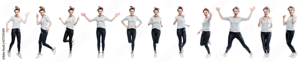 The young woman is jumping. Joyful beauty in black leggings and a gray t-shirt. Positivity and energy. Set, collage. Isolated on white background. Panorama format. The young woman is jumping. Joyful beauty in black leggings and a gray t-shirt. Positivity and energy. Set, collage. Isolated on white background. Panorama format.