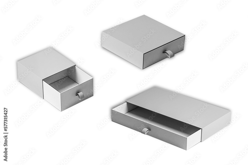 Realistic Set of Open and closed Package Cardboard Ribbon Pull And Slide Drawer Boxes mockup isolated on white background. 3d rendering. Realistic Set of Open and closed Package Cardboard Ribbon Pull And Slide Drawer Boxes mockup isolated on white background. 3d rendering.