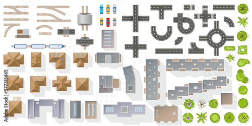 Set of Architectural and Landscape elements top view. Building, tree, road, railway elements for City map. Collection, kit of Object. House, factory, skyscraper, manufacture, car, train. Vector