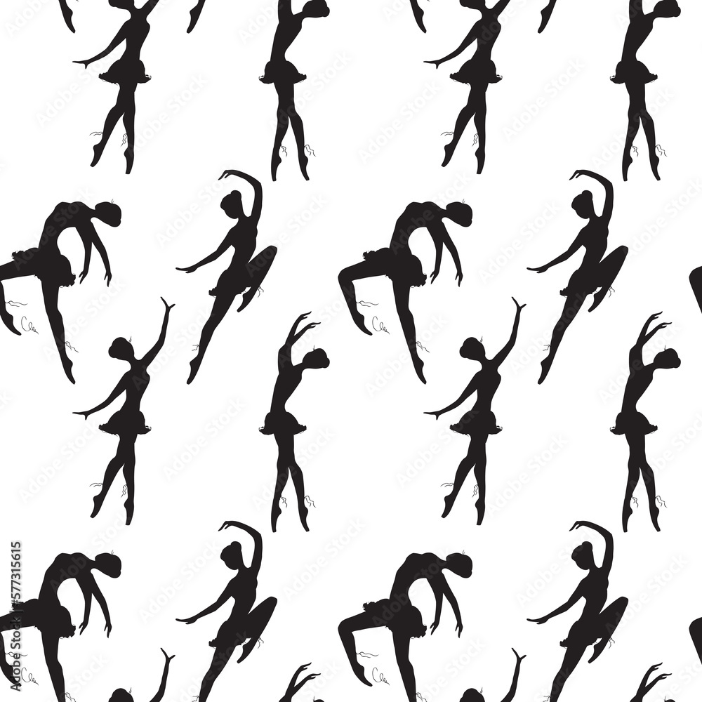 Seamless pattern with cute ballet dancers. Woman dancing ballet, texture wallpaper template. Black silhouette of ballerinas on white background. Hand drawn girls dancers. Seamless pattern with cute ballet dancers. Woman dancing ballet, texture wallpaper template. Black silhouette of ballerinas on white background. Hand drawn girls dancers.