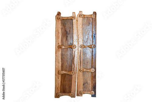 Old wooden swing doors made of two sashes. Antique wicket doors made of wood. Isolated on white background. isolate photo