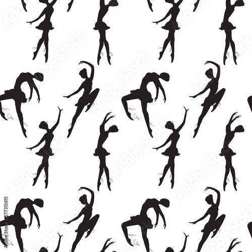 Seamless pattern with cute ballet dancers. Woman dancing ballet, texture wallpaper template. Black silhouette of ballerinas on white background. Hand drawn girls dancers.