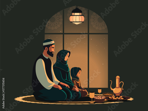 Illustration Of Muslim Family Praying Before Meal On Mat In Front of Mandala Islamic Window At Night.
