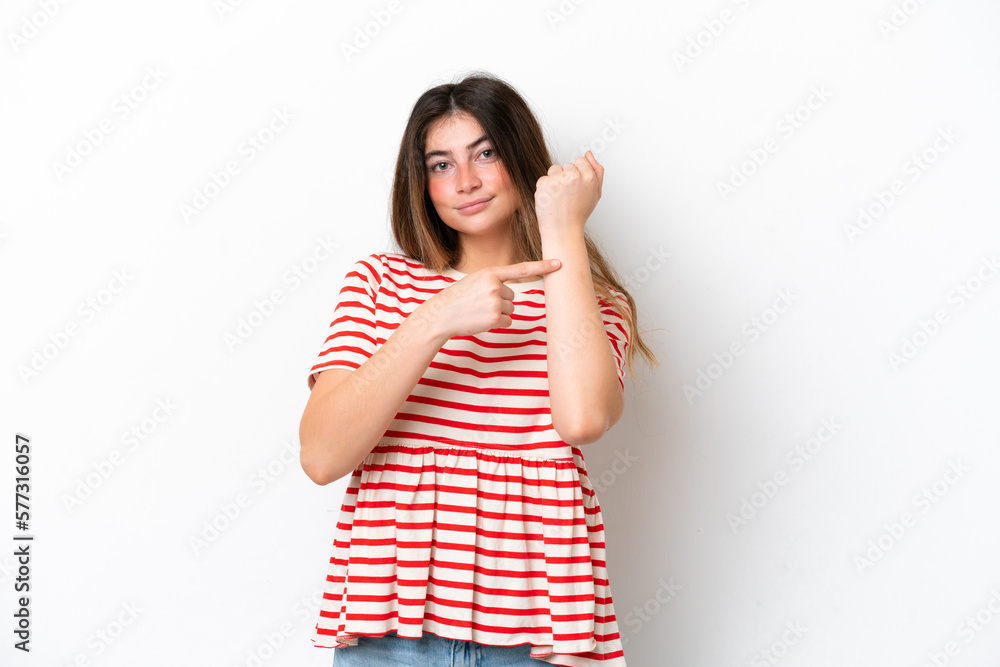 Young caucasian woman isolated on white background making the gesture of being late Young caucasian woman isolated on white background making the gesture of being late