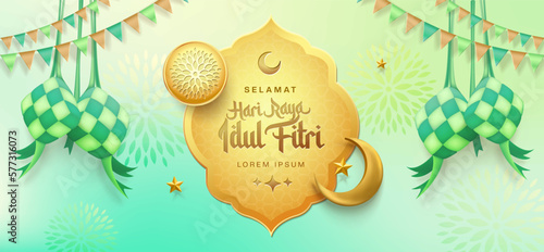 3d gold modern Islamic holiday banner, suitable for Ramadan, Eid Fitri, Eid Adha and Maulid. Moon and ketupat with islamic decor on soft green background.