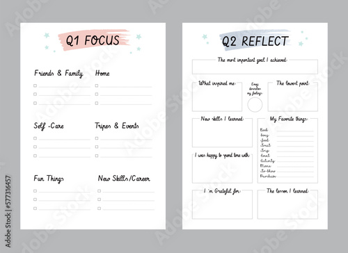 Q1 Focus and Q2 Reflect planner. Minimalist planner template set. Vector illustration.