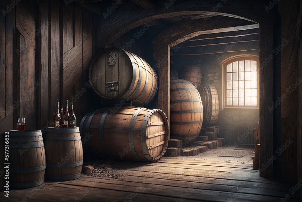 Wooden barrels with beer in the old cellar. Generative AI