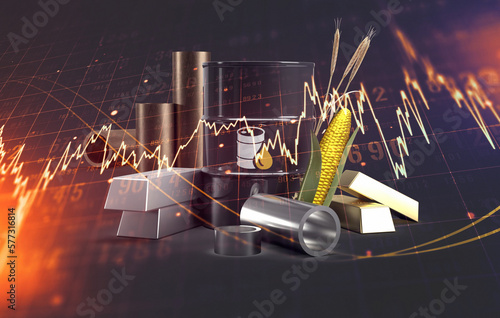 Commodities including crude oil, gold, silver, copper, platinum and corn black background. 3d rendering illustration