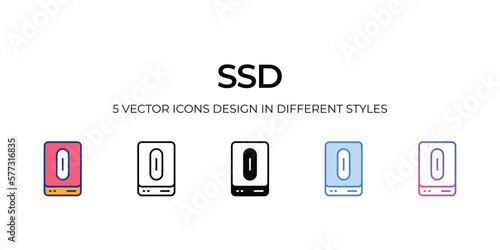 ssd Icon Design in Five style with Editable Stroke. Line, Solid, Flat Line, Duo Tone Color, and Color Gradient Line. Suitable for Web Page, Mobile App, UI, UX and GUI design.