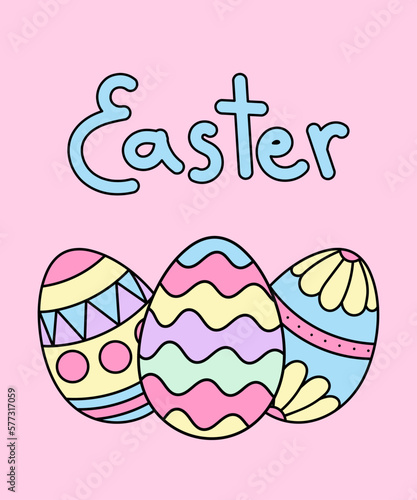 Festive postcard for Easter. Cute painted doodle eggs hand drawn.