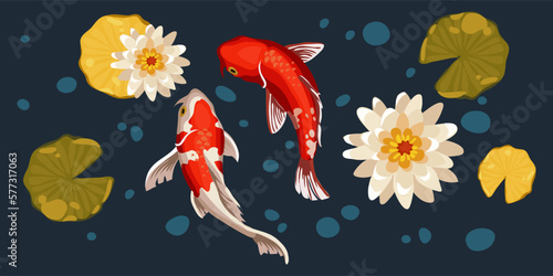 A set of orange koi fish, lily buds and leaves on a blue background with bubbles. Asian set of floating carp, fish design in oriental Japanese style. Carp swims. Collection of fish in the pond.