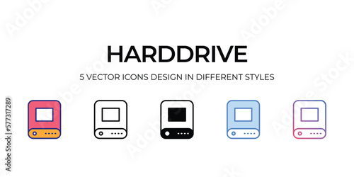 harddrive Icon Design in Five style with Editable Stroke. Line, Solid, Flat Line, Duo Tone Color, and Color Gradient Line. Suitable for Web Page, Mobile App, UI, UX and GUI design.