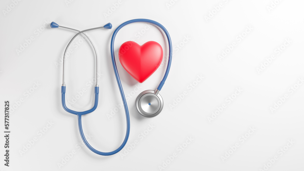 Red heart and a stethoscope on desk, top vew, 3D rendering Red heart and a stethoscope on desk, top vew, 3D rendering