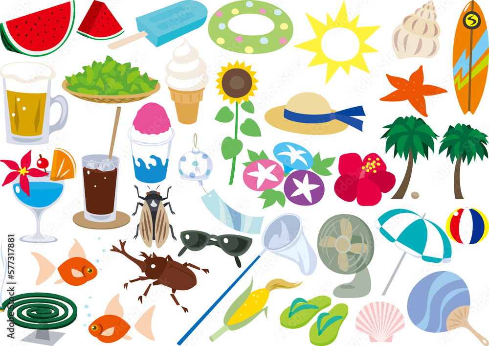 夏のアイテム シンプルでフラットなイラストのセット 夏のアイテム シンプルでフラットなイラストのセット