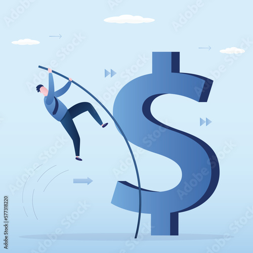 Success opportunity, change to new business bright future, overcome business or financial difficulty concept, ambitious businessman pole vault over huge dollar sign.