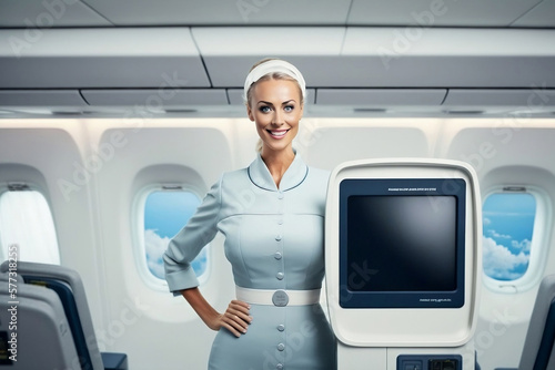 hôtesse de l'air avec une pancarte dans la main à l'intérieur d'un avion de ligne - generative ai