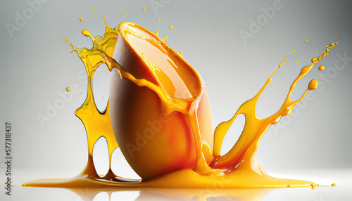 Yellow Mango Dripping in Mango Smoothie on White Background AI Generative photo