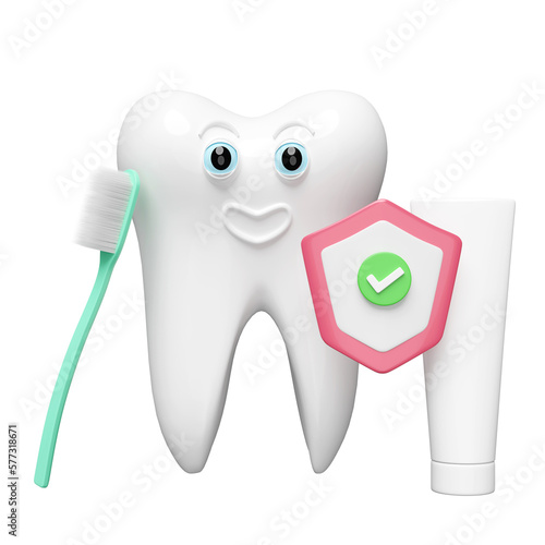 3d dental molar teeth model icon with toothbrush, toothpaste tube, shield check isolated. tooth decay prevention, health of white teeth, oral care, 3d render illustration