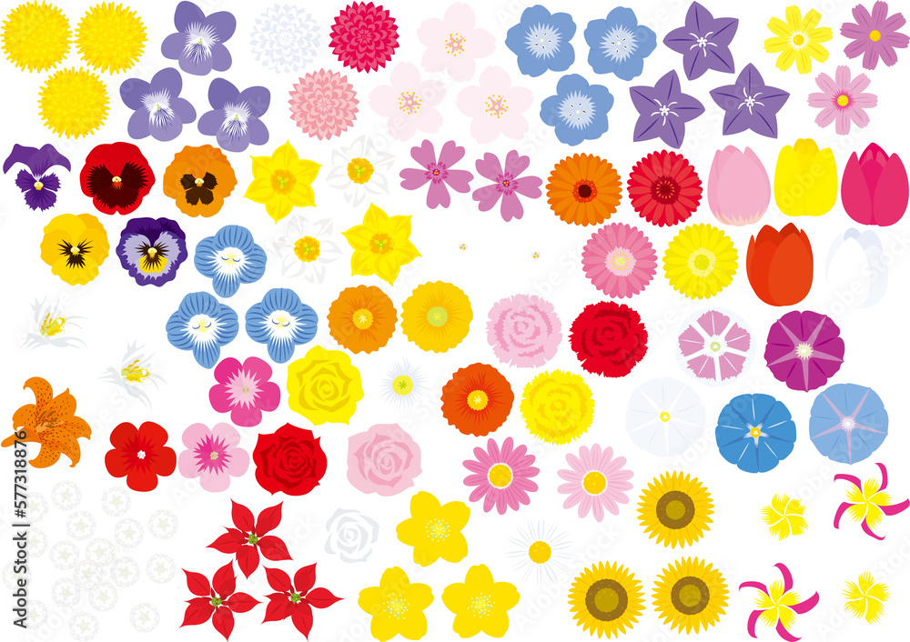 色とりどりのカラフルな花のイラストセット