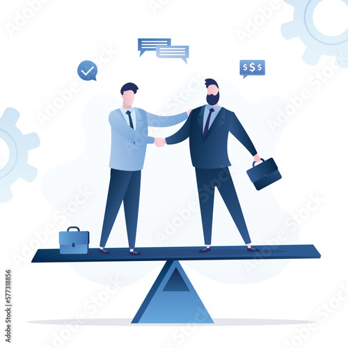 Businessmen handshake after difficulty and successful negotiation, seesaw in balance. Negotiation, agreement or partnership deal for both benefit