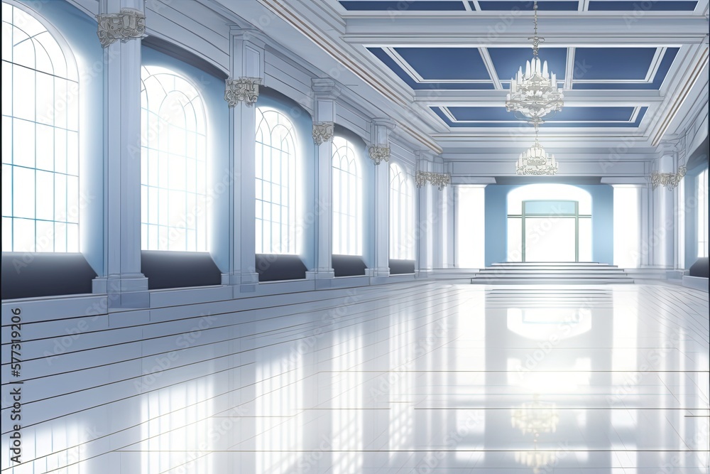 Large emty solid white room like as ballroom or dance-hall. Generative AI illustration. - obrazy, fototapety, plakaty 