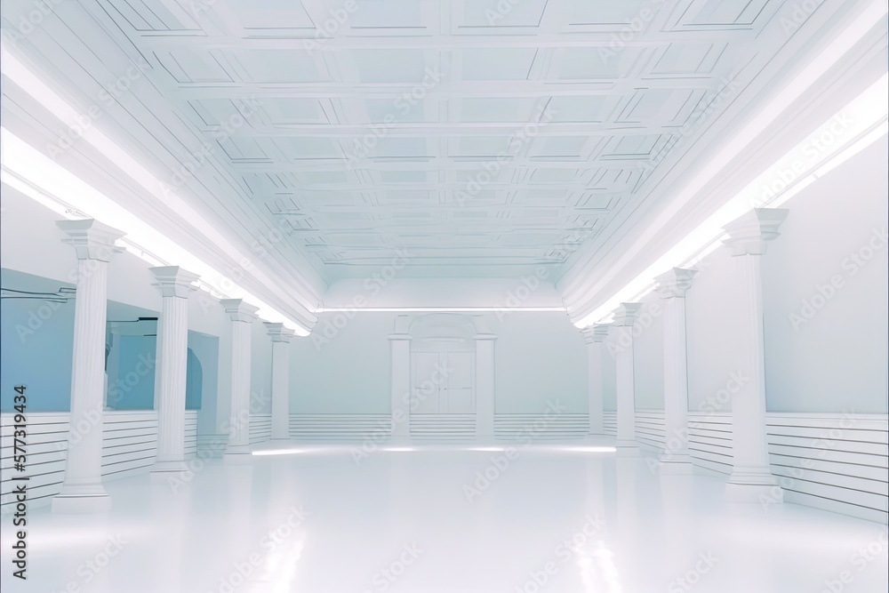 Large emty solid white room like as ballroom or dance-hall. Generative AI illustration.