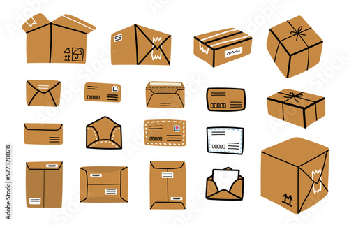 Set of different mail post letter envelopes and delivery parcel boxes isolated on white. Doodle style hand drawn craft paper postal envelopes open and closed, brown transportation parcel packages.