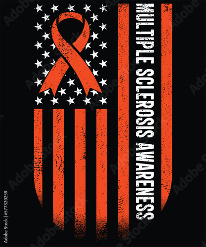 MS Multiple Sclerosis Awareness Orange Ribbon US Flag T-Shirt design.