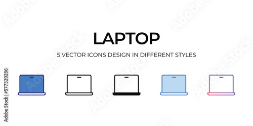 laptop Icon Design in Five style with Editable Stroke. Line, Solid, Flat Line, Duo Tone Color, and Color Gradient Line. Suitable for Web Page, Mobile App, UI, UX and GUI design.