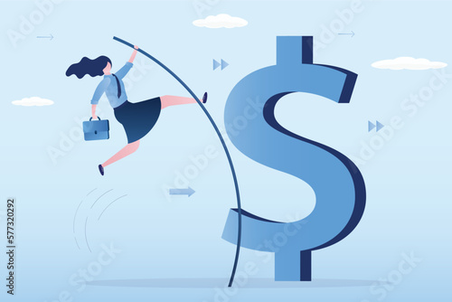 Success opportunity, change to new business bright future, overcome business or financial difficulty concept, ambitious businesswoman pole vault over huge dollar sign.