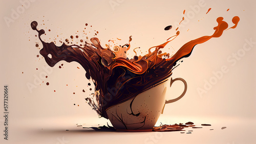 Cup of coffee with splashes and drops.